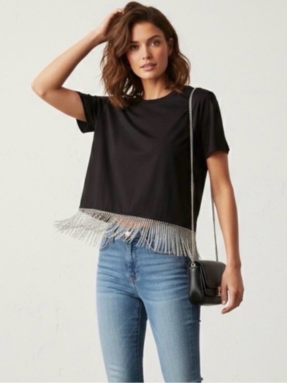 Joie Black Short-Sleeve Tee with Silver Fringe Hem NWOT